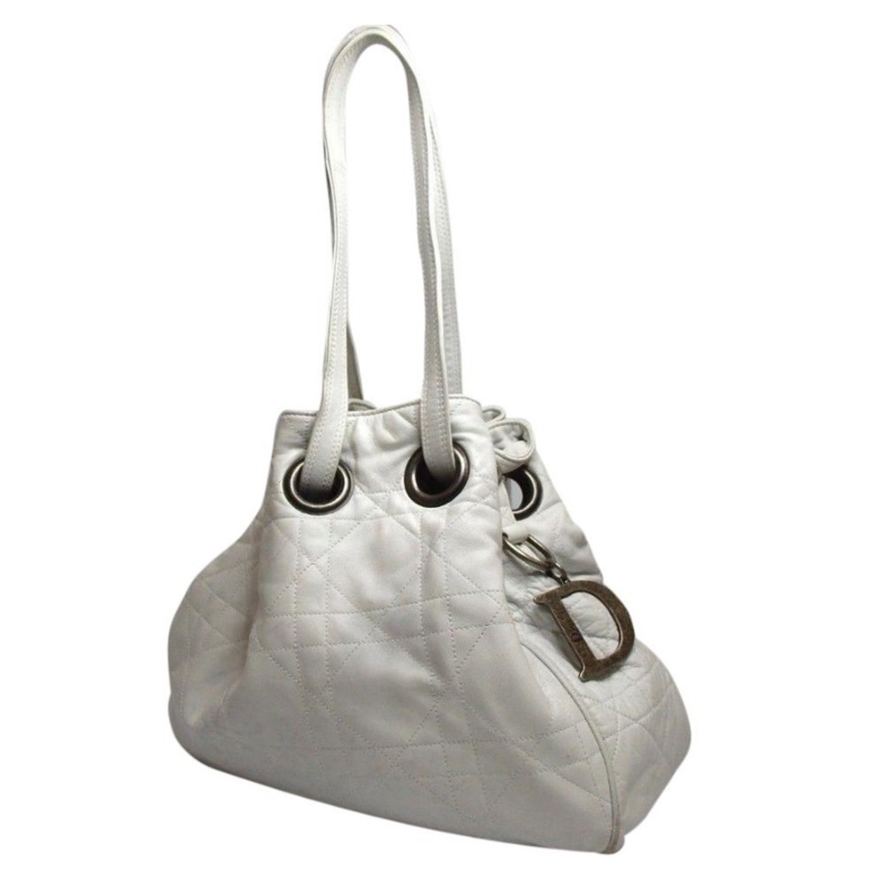 Dior Drawstring Cannage Quilted White Leather Hobo